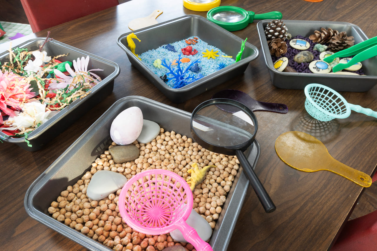 Four sensory trays of coloured rice, chickpeas, pinecones and painted stones with magnifiers